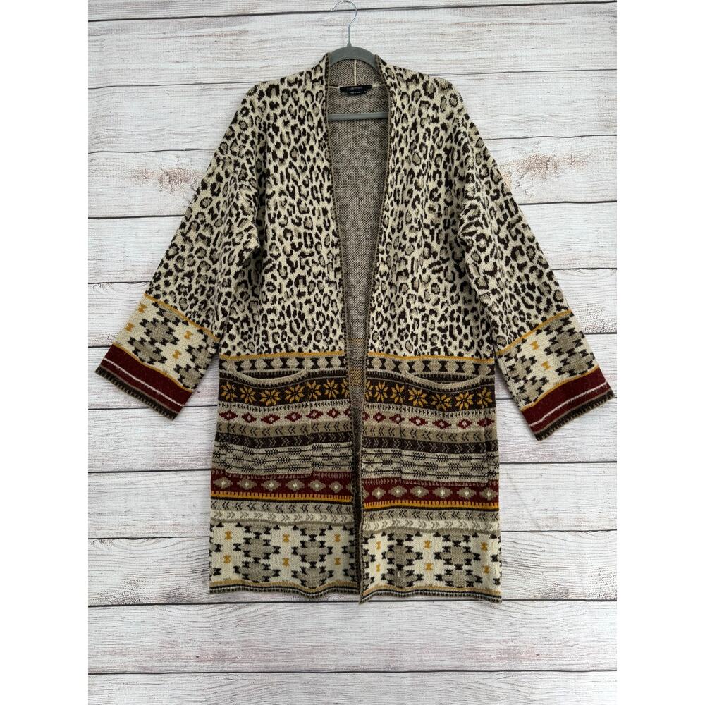 Vertigo Animal‎ Print Open Front Cardigan Sweater Womens Medium Brown Beige